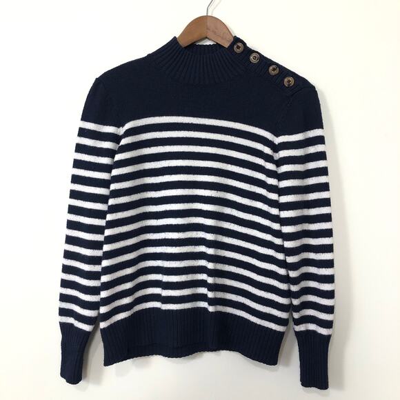 Chaps Navy White Striped Button Shoulder Sweater Medium Nautical Coastal Preppy - Picture 2 of 10